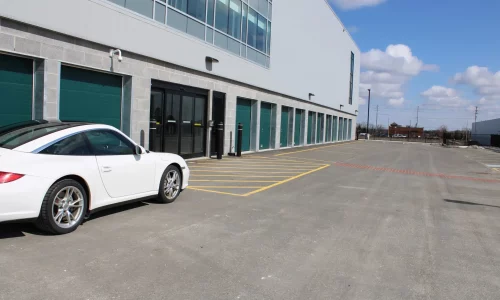 Drive up and exterior units and main entrance at Formula Storage self storage facility in Brampton.